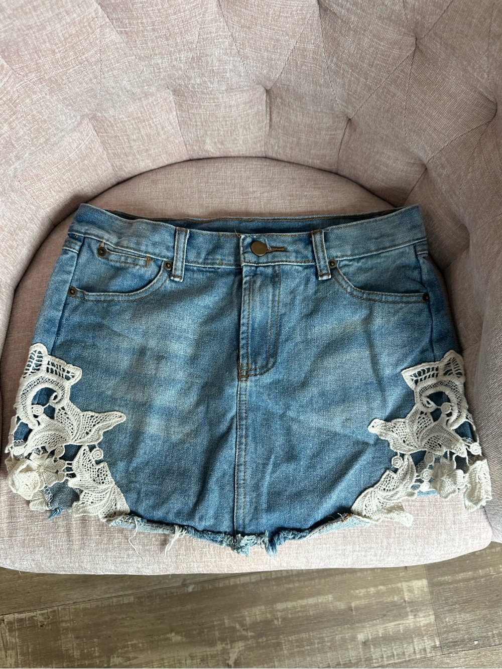 John Elliott Light Blue Denim Mini Skirt with White Crochet Trim